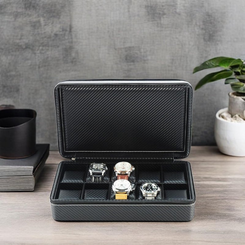TIMELYBUYS 10 Watch Briefcase Black Carbon Fiber Zippered Travel Storage Case 50MM Father's Day - Image 3